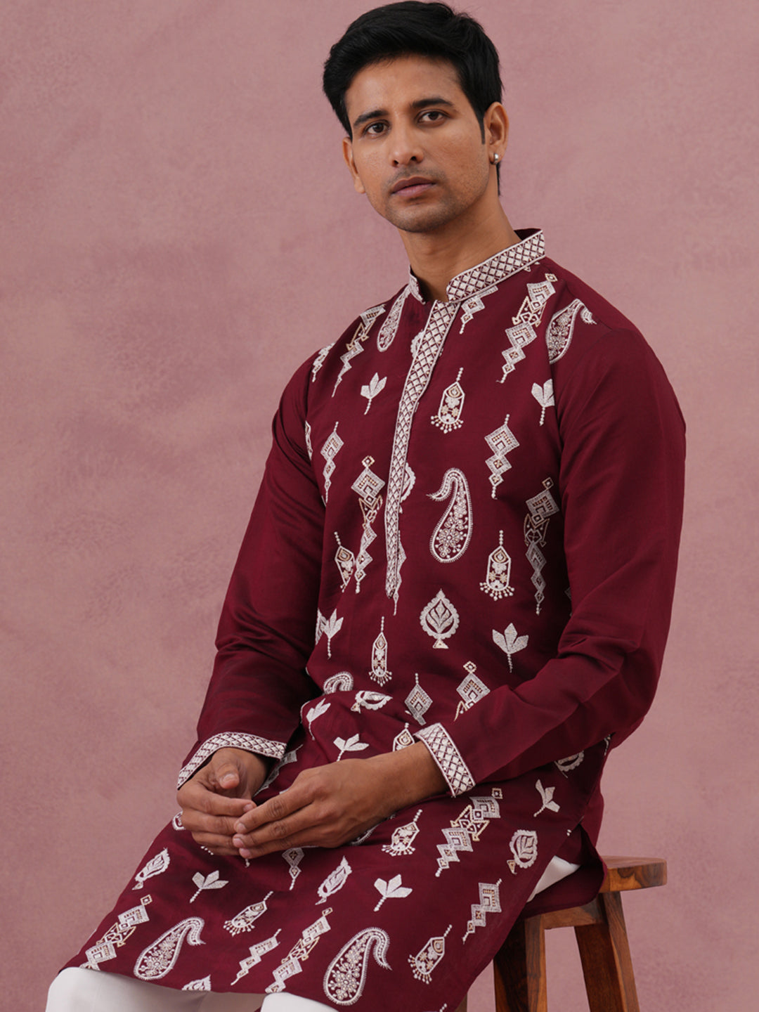 Silk Blend Ethnic Embroidered Kurta Pyjama for Men ( 65KP P 5335 P 5335Maroon ) [FF] [B-1-2]