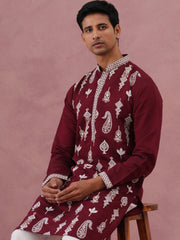 Silk Blend Ethnic Embroidered Kurta Pyjama for Men ( 65KP P 5335 P 5335Maroon ) [FF] [B-1-2]