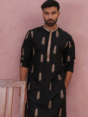 Men's Silk Blend Embroidered Kurta Pyjama Set (65KP P 5336 Black ) [FF] [J-1]