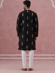 Men's Silk Blend Embroidered Kurta Pyjama Set (65KP P 5336 Black ) [FF] [J-1]