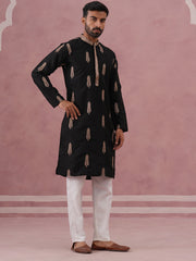 Men's Silk Blend Embroidered Kurta Pyjama Set (65KP P 5336 Black ) [FF] [J-1]