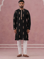 Men's Silk Blend Embroidered Kurta Pyjama Set (65KP P 5336 Black ) [FF] [J-1]