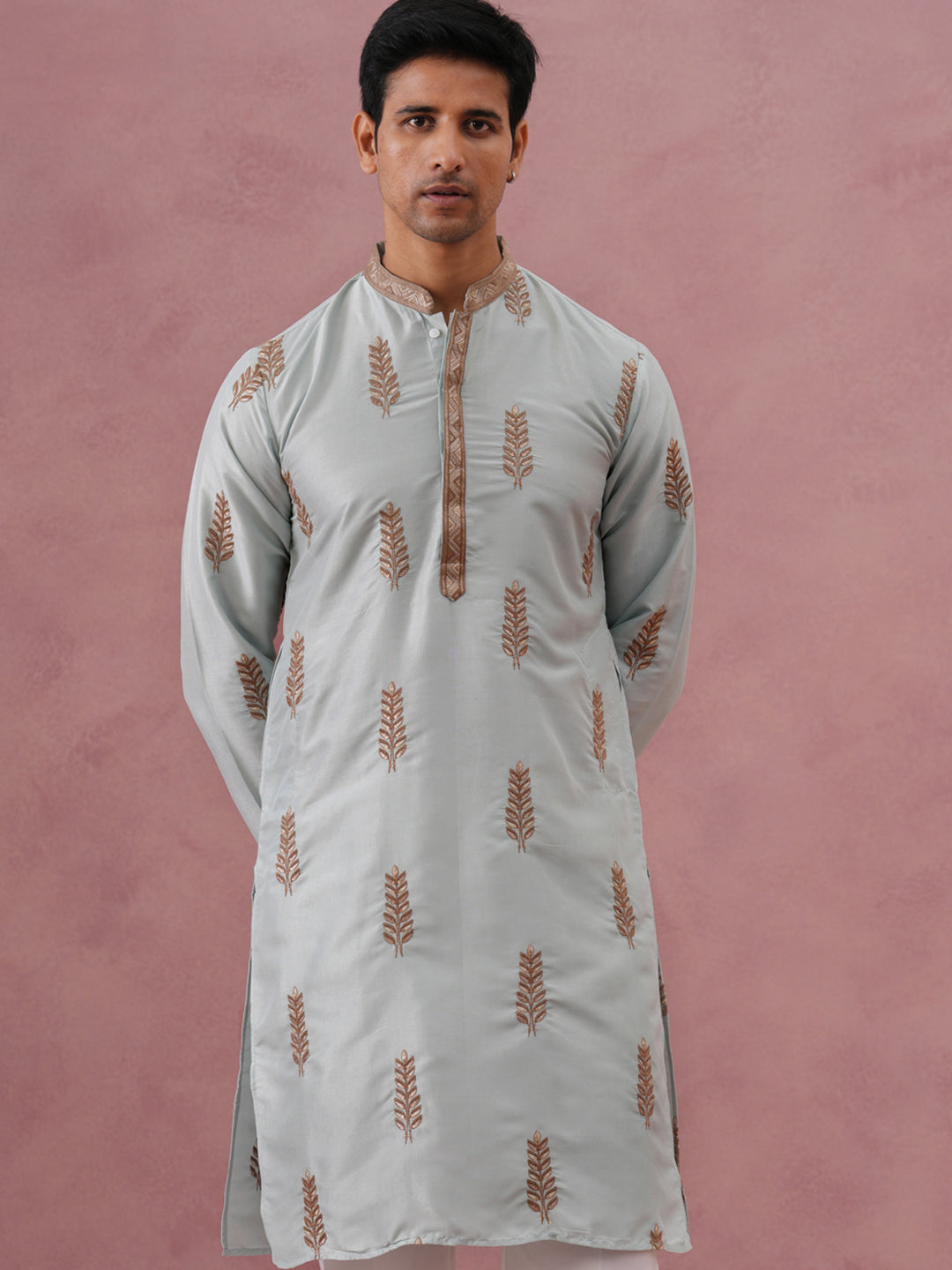 DesiQlo Men Embroidered Kurta Pyjama Set - Blue - 65KP_P_5336Sky_S