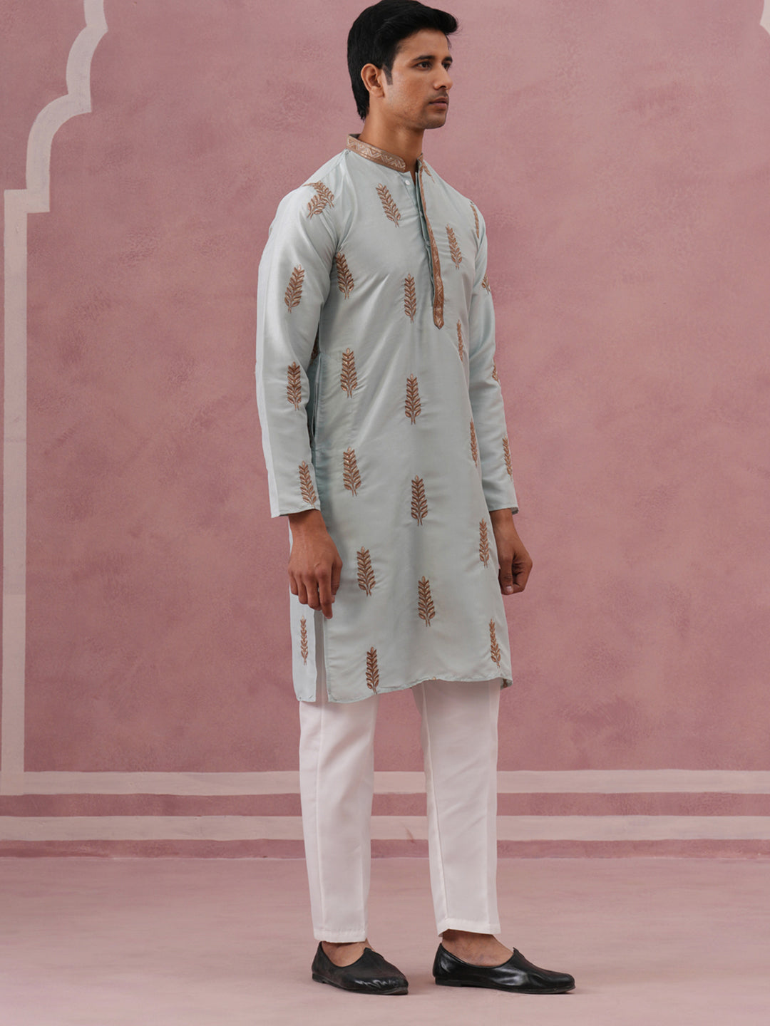 DesiQlo Men Embroidered Kurta Pyjama Set - Blue - 65KP_P_5336Sky_S