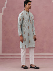 Men's Silk Blend Embroidered Kurta Pyjama Set ( 65KP P 5336 P 5336Sky ) [FF] [J-1]
