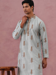 Men's Silk Blend Embroidered Kurta Pyjama Set ( 65KP P 5336 P 5336Sky ) [FF] [J-1]