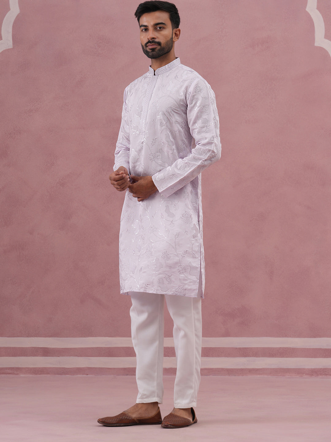 DesiQlo Men Embroidered Kurta Pyjama Set - Purple - 65KP_P_5338Lavende