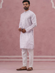 Men's Embroidered Silk Blend Kurta Pyjama Set ( 65KP P 5338 P 5338Lavender ) [FF] [A-1-4]