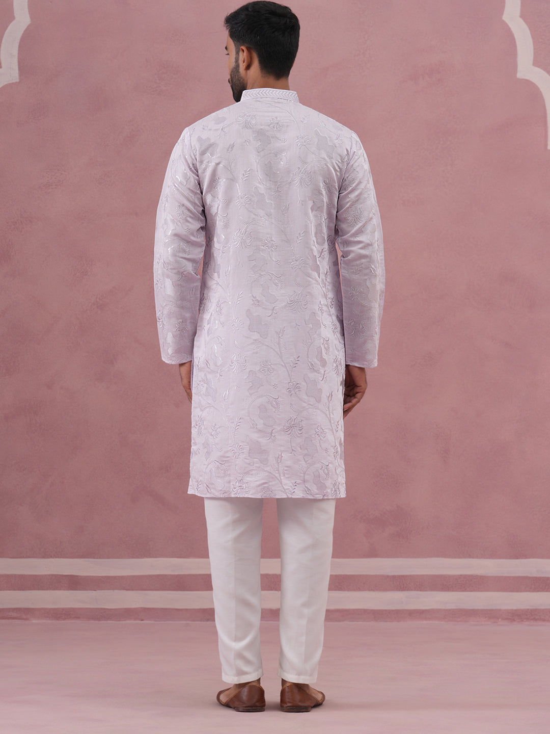 DesiQlo Men Embroidered Kurta Pyjama Set - Purple - 65KP_P_5338Lavende