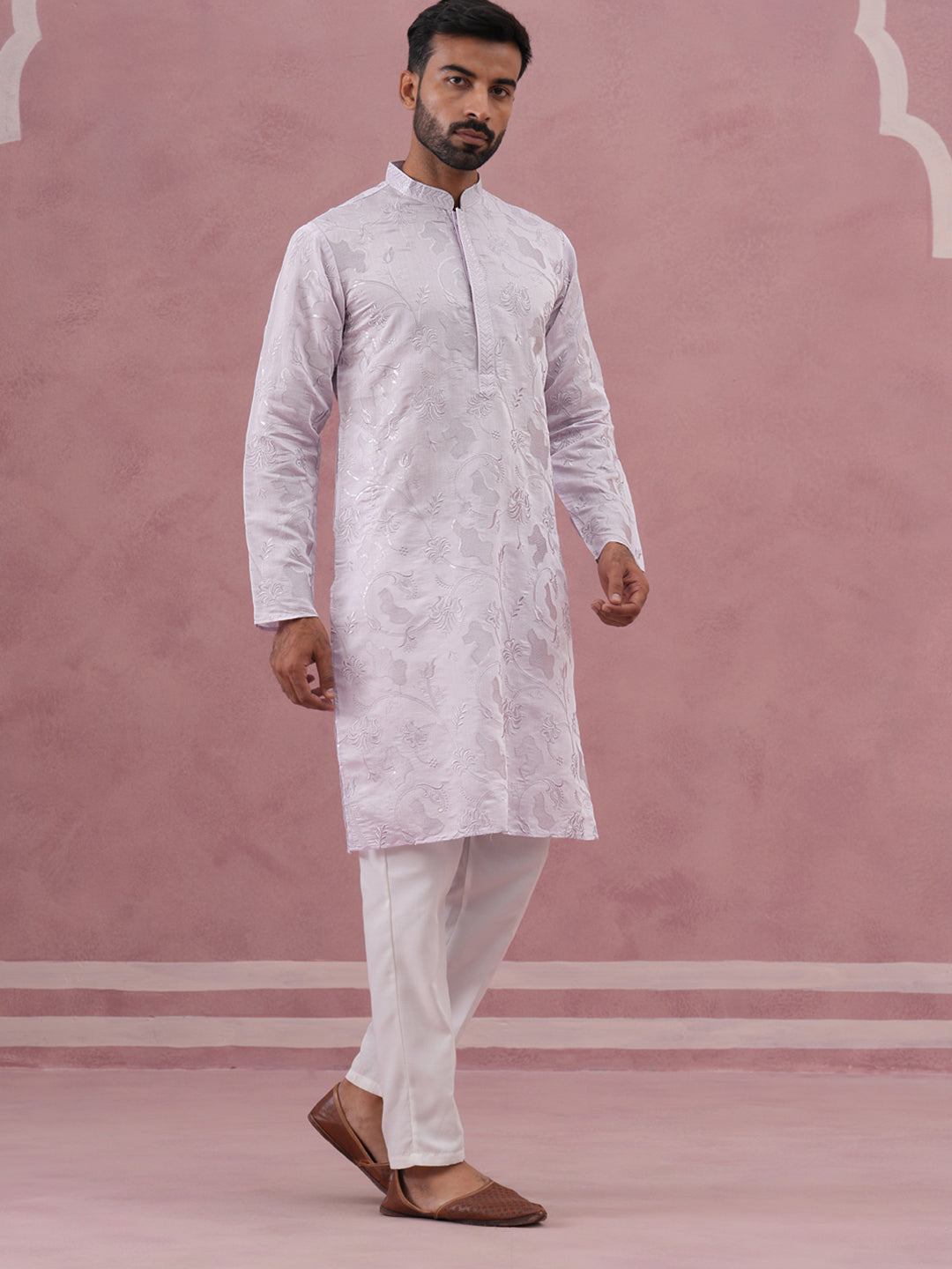 DesiQlo Men Embroidered Kurta Pyjama Set - Purple - 65KP_P_5338Lavende