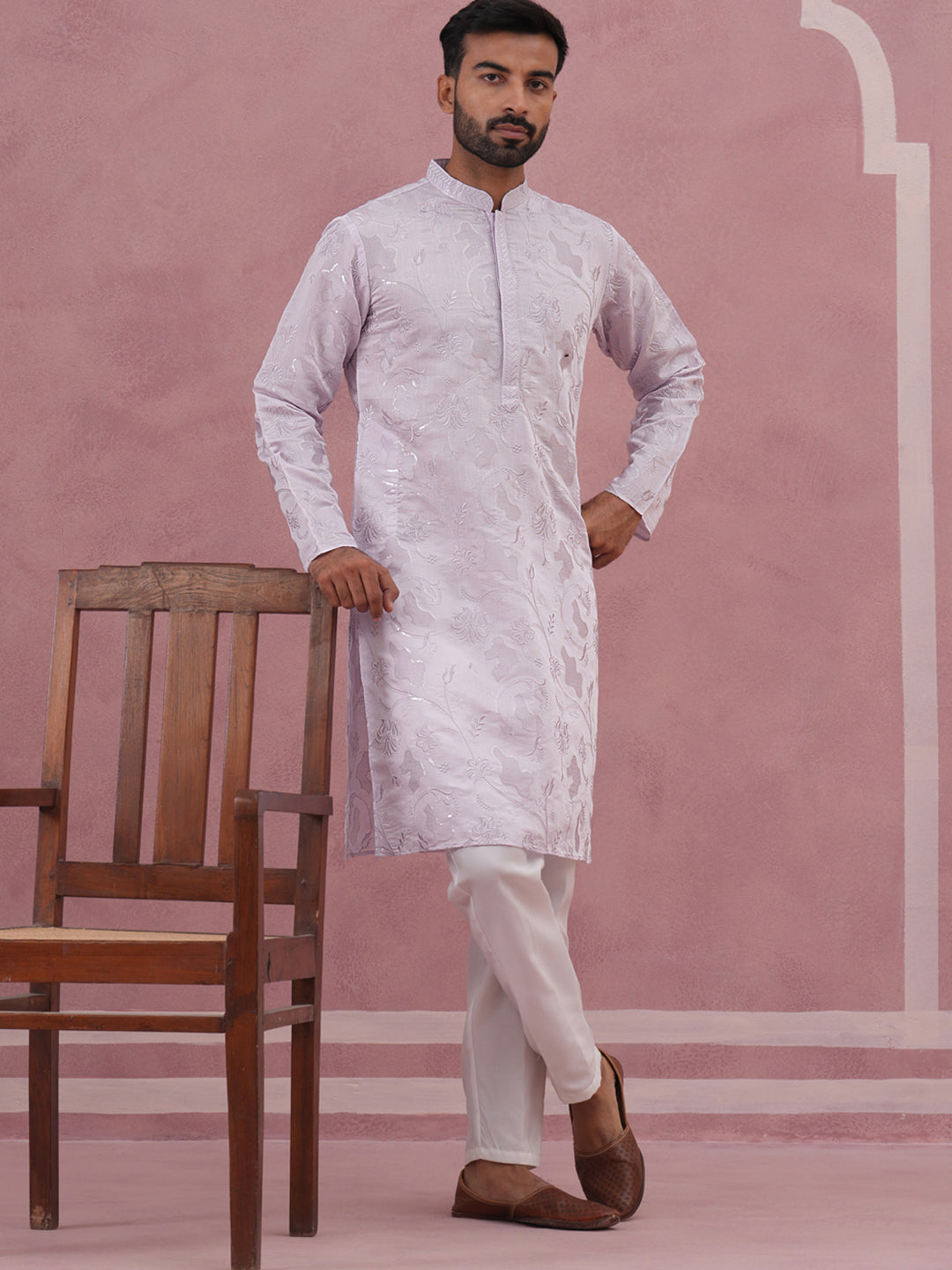 Men's Embroidered Silk Blend Kurta Pyjama Set ( 65KP P 5338 P 5338Lavender ) [FF] [A-1-4]