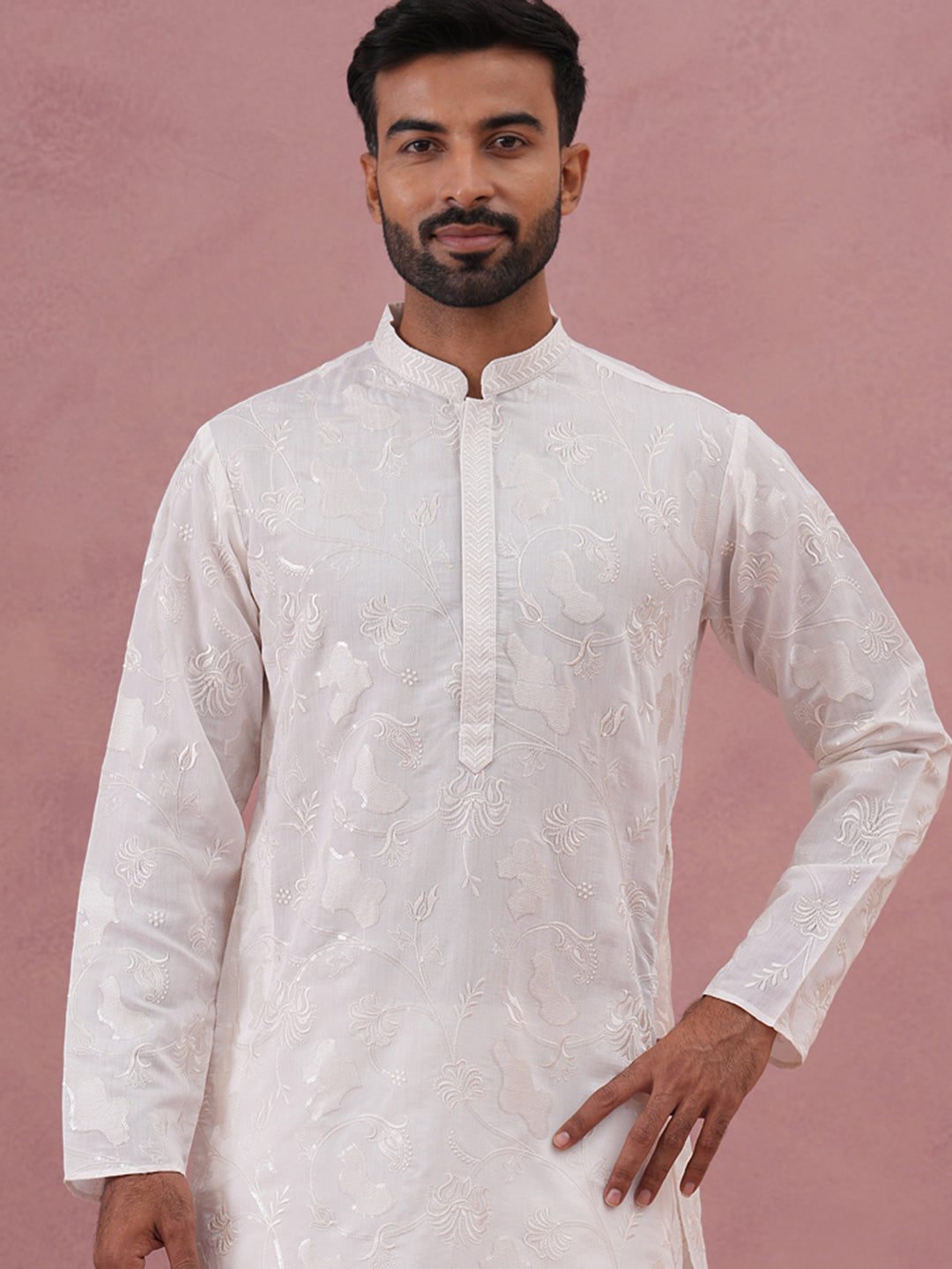 DesiQlo Men Embroidered Kurta Pyjama Set - White - 65KP_P_5338White_S