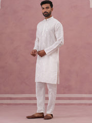 Men's Embroidered Silk Blend Kurta Pyjama Set (65KP P 5338 White ) [FF] [A-1-4]