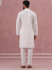 Men's Embroidered Silk Blend Kurta Pyjama Set (65KP P 5338 White ) [FF] [A-1-4]