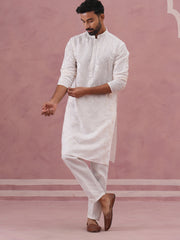 Men's Embroidered Silk Blend Kurta Pyjama Set (65KP P 5338 White ) [FF] [A-1-4]