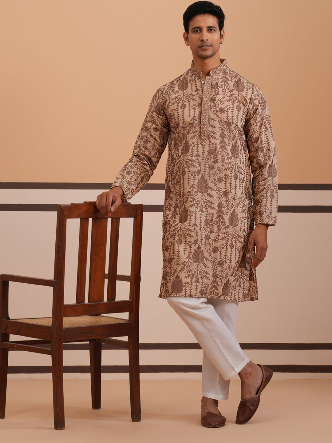 DesiQlo Men Embroidered Kurta Pyjama Set - Brown - 65KP_P_5339Brown_S