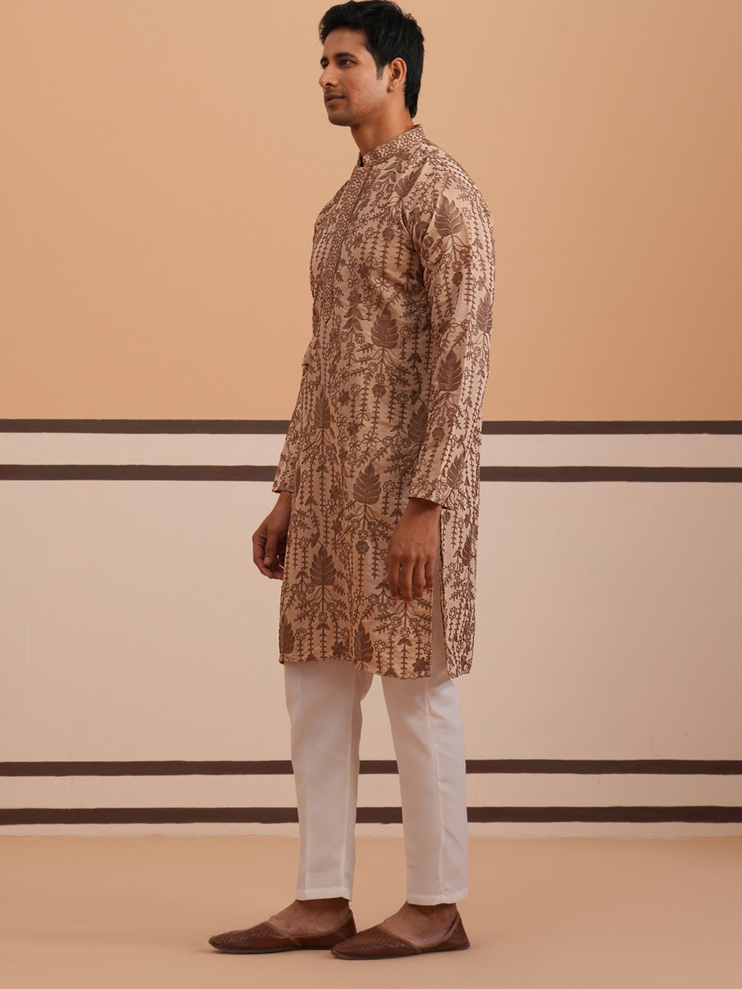 DesiQlo Men Embroidered Kurta Pyjama Set - Brown - 65KP_P_5339Brown_S