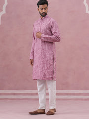 Men’s Ethnic Embroidered Kurta Pyjama ( 65KP P 5339 P 5339Lavender ) [FF] [P-12]