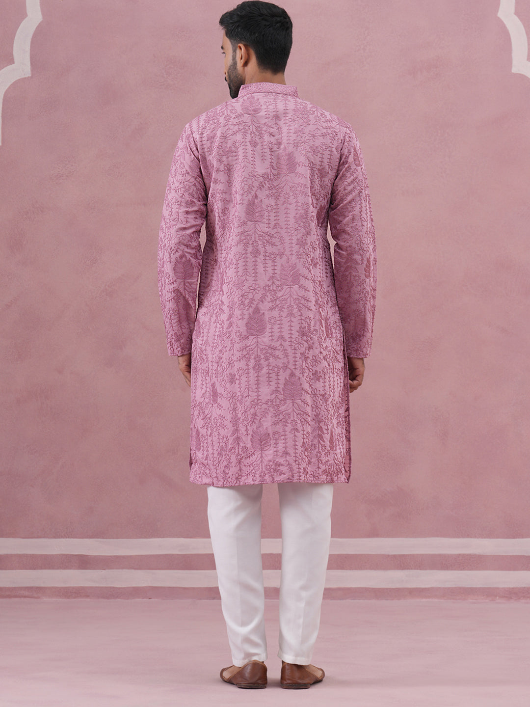 DesiQlo Men Embroidered Kurta Pyjama Set - Purple - 65KP_P_5339Lavende