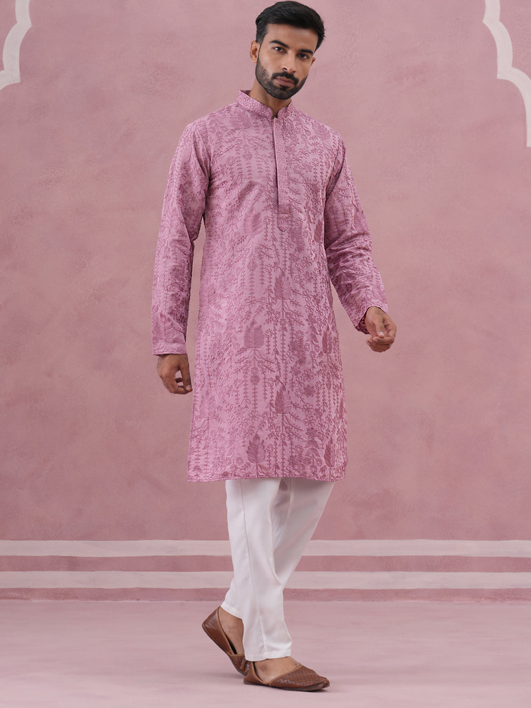 DesiQlo Men Embroidered Kurta Pyjama Set - Purple - 65KP_P_5339Lavende