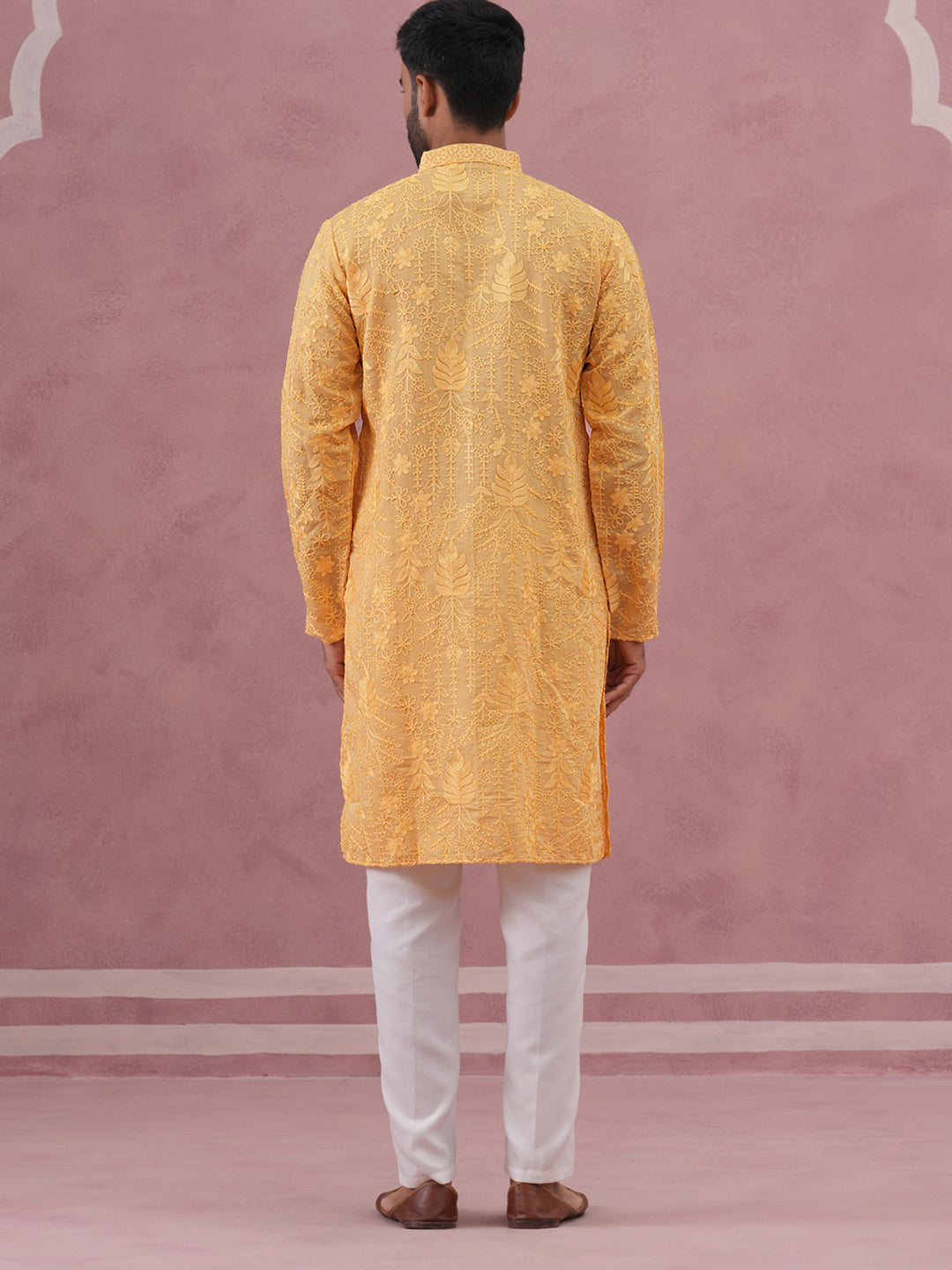 DesiQlo Men Embroidered Kurta Pyjama Set - Yellow - 65KP_P_5339Yellow_