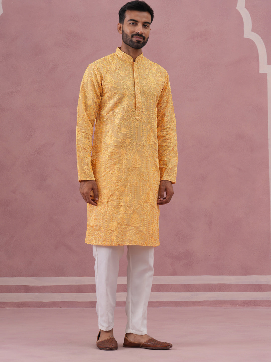 DesiQlo Men Embroidered Kurta Pyjama Set - Yellow - 65KP_P_5339Yellow_