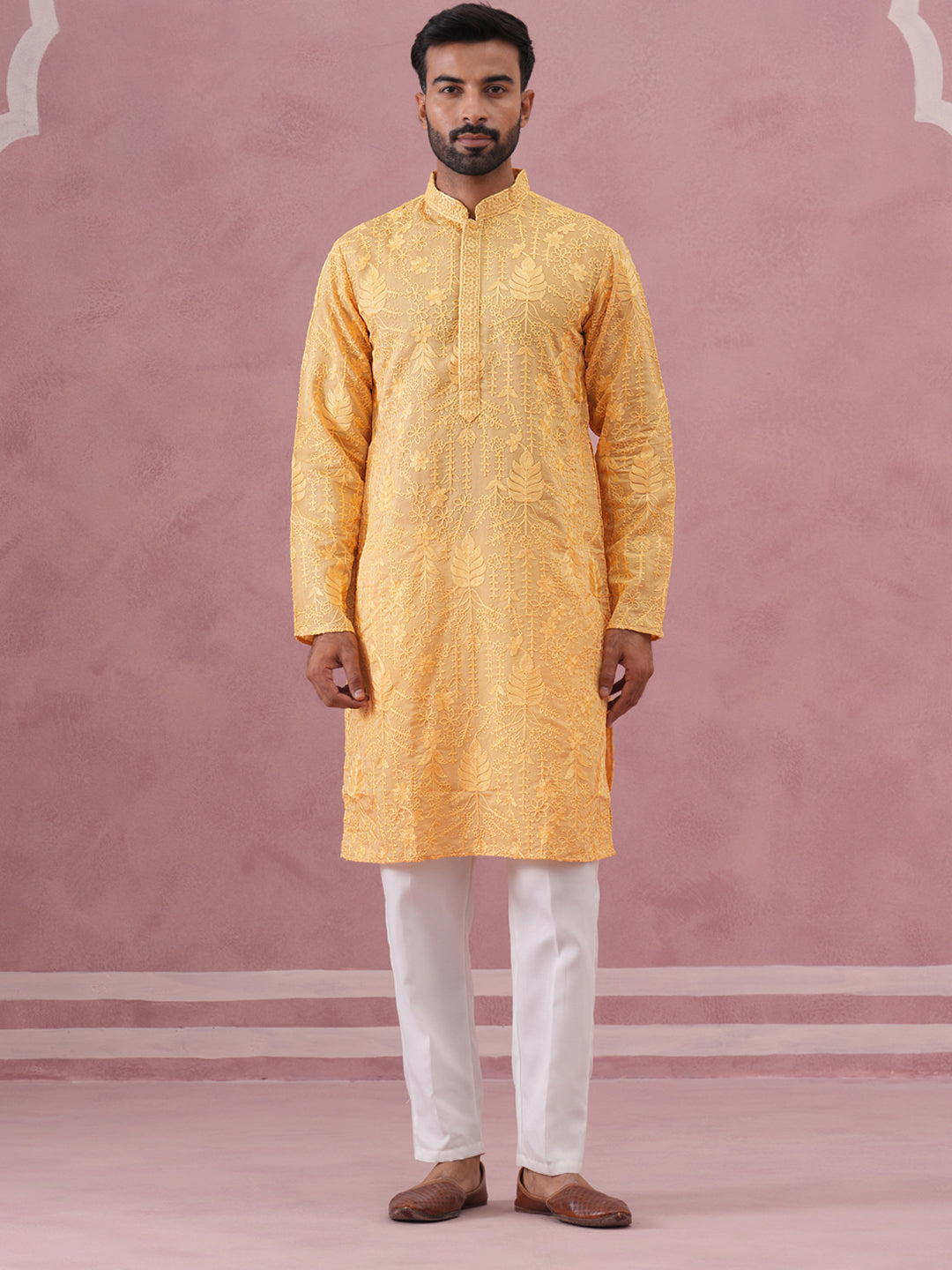 DesiQlo Men Embroidered Kurta Pyjama Set - Yellow - 65KP_P_5339Yellow_