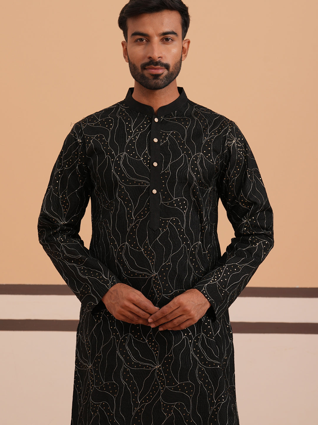 DesiQlo Men Embroidered Kurta Pyjama Set - Black - 65KP_P_5340Black_S