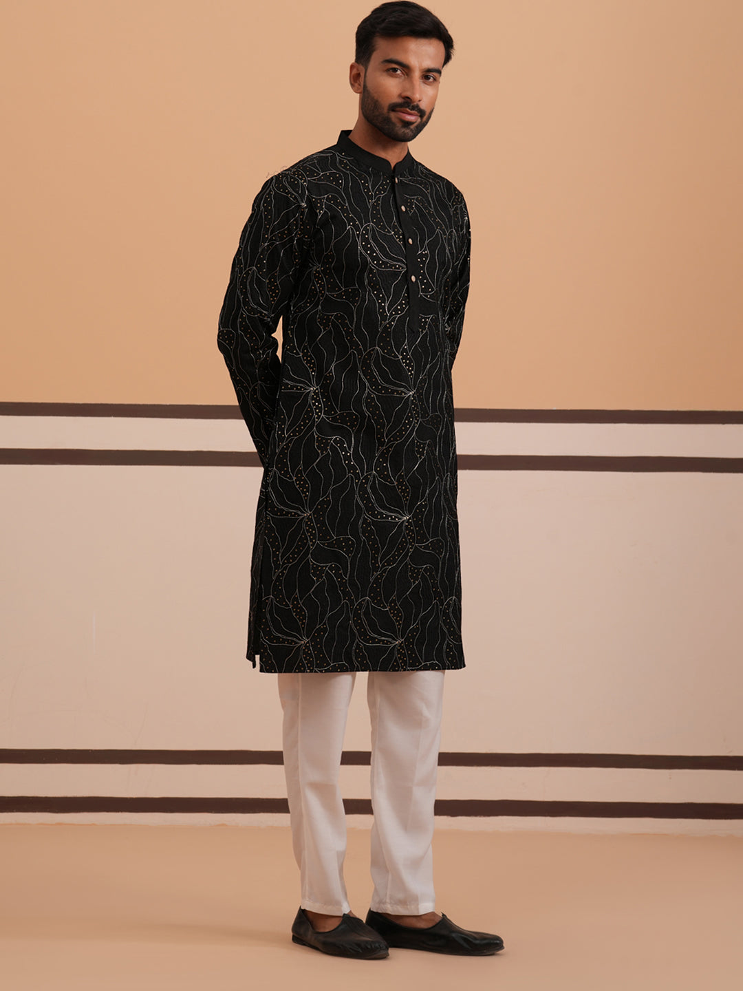 DesiQlo Men Embroidered Kurta Pyjama Set - Black - 65KP_P_5340Black_S