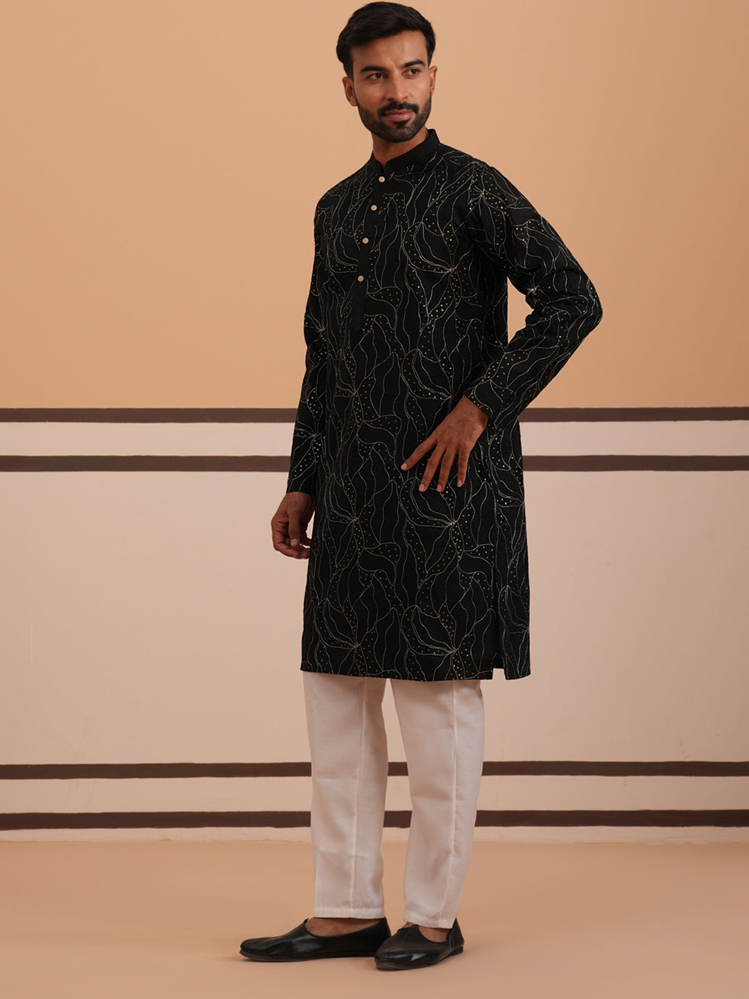 DesiQlo Men Embroidered Kurta Pyjama Set - Black - 65KP_P_5340Black_S