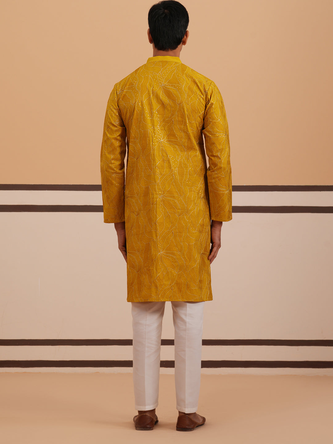 DesiQlo Men Embroidered Kurta Pyjama Set - Yellow - 65KP_P_5340Mustard