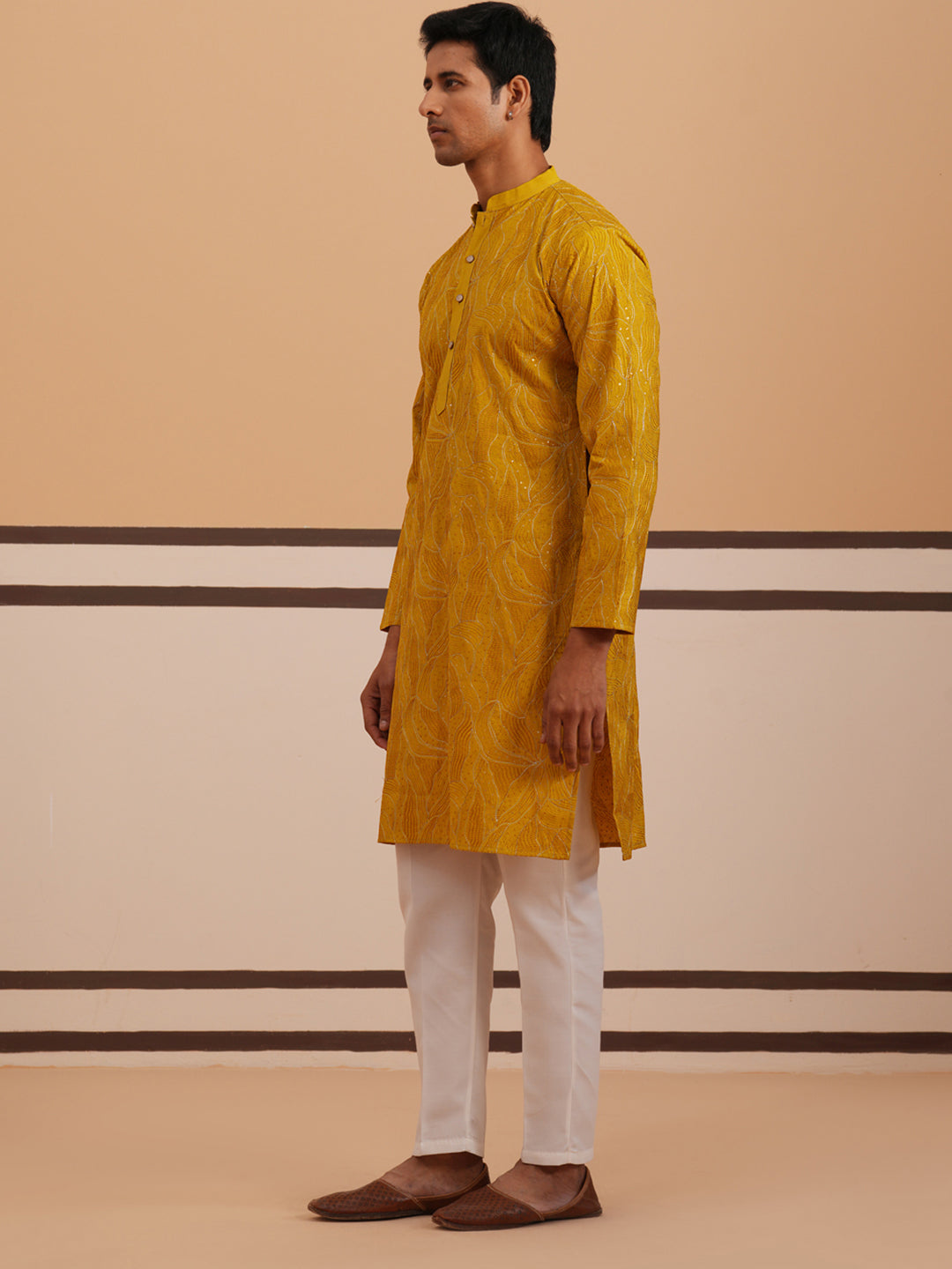DesiQlo Men Embroidered Kurta Pyjama Set - Yellow - 65KP_P_5340Mustard