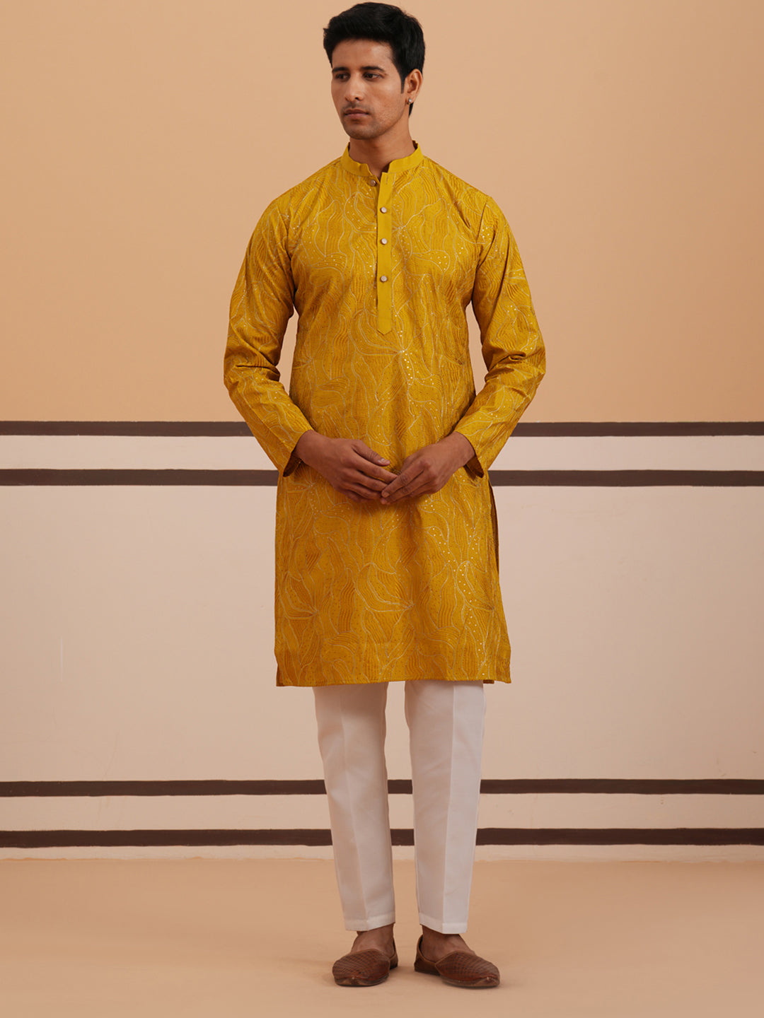 DesiQlo Men Embroidered Kurta Pyjama Set - Yellow - 65KP_P_5340Mustard