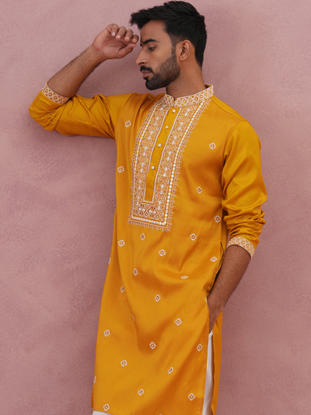 DesiQlo Men Embroidered Kurta Pyjama Set - Yellow - 65KP_P_5341Mustard