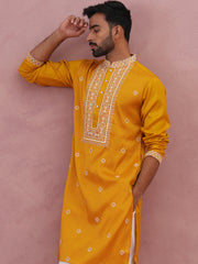 Men’s Ethnic Silk Blend Embroidered Kurta Set ( 65KP P 5341 P 5341Mustard ) [FF] [A-1-4]