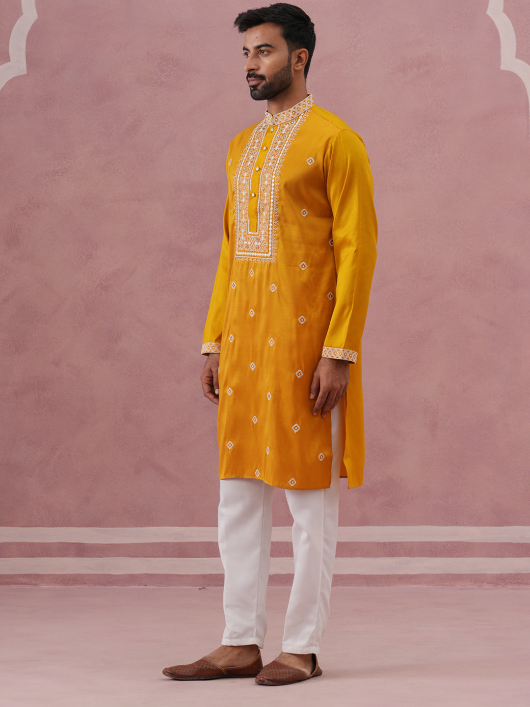 DesiQlo Men Embroidered Kurta Pyjama Set - Yellow - 65KP_P_5341Mustard