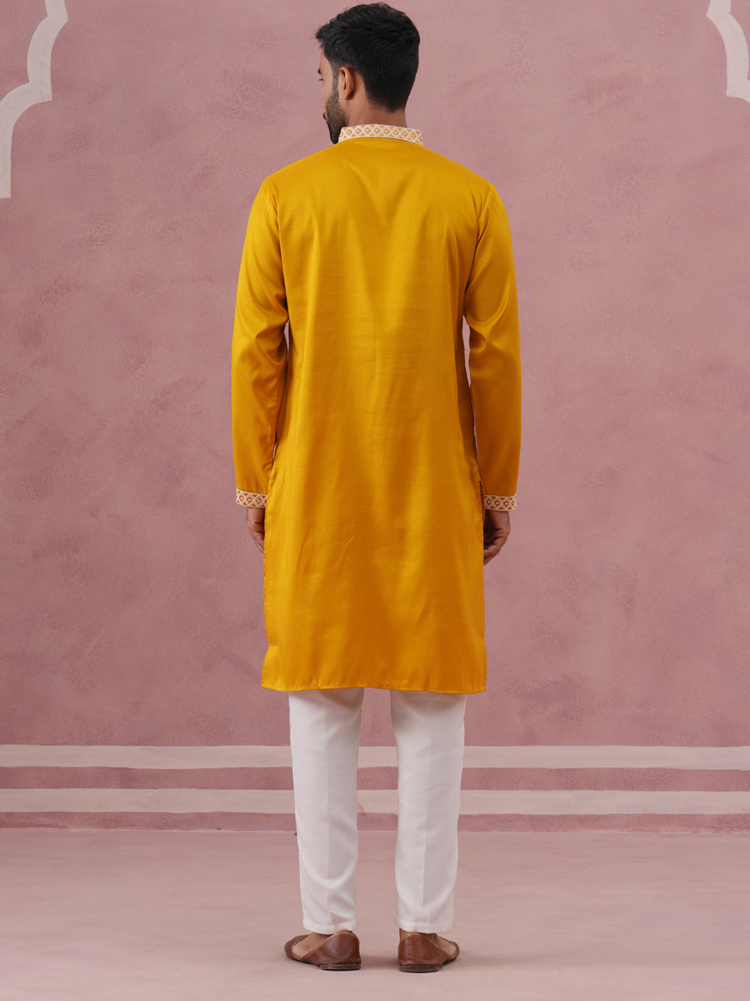 DesiQlo Men Embroidered Kurta Pyjama Set - Yellow - 65KP_P_5341Mustard