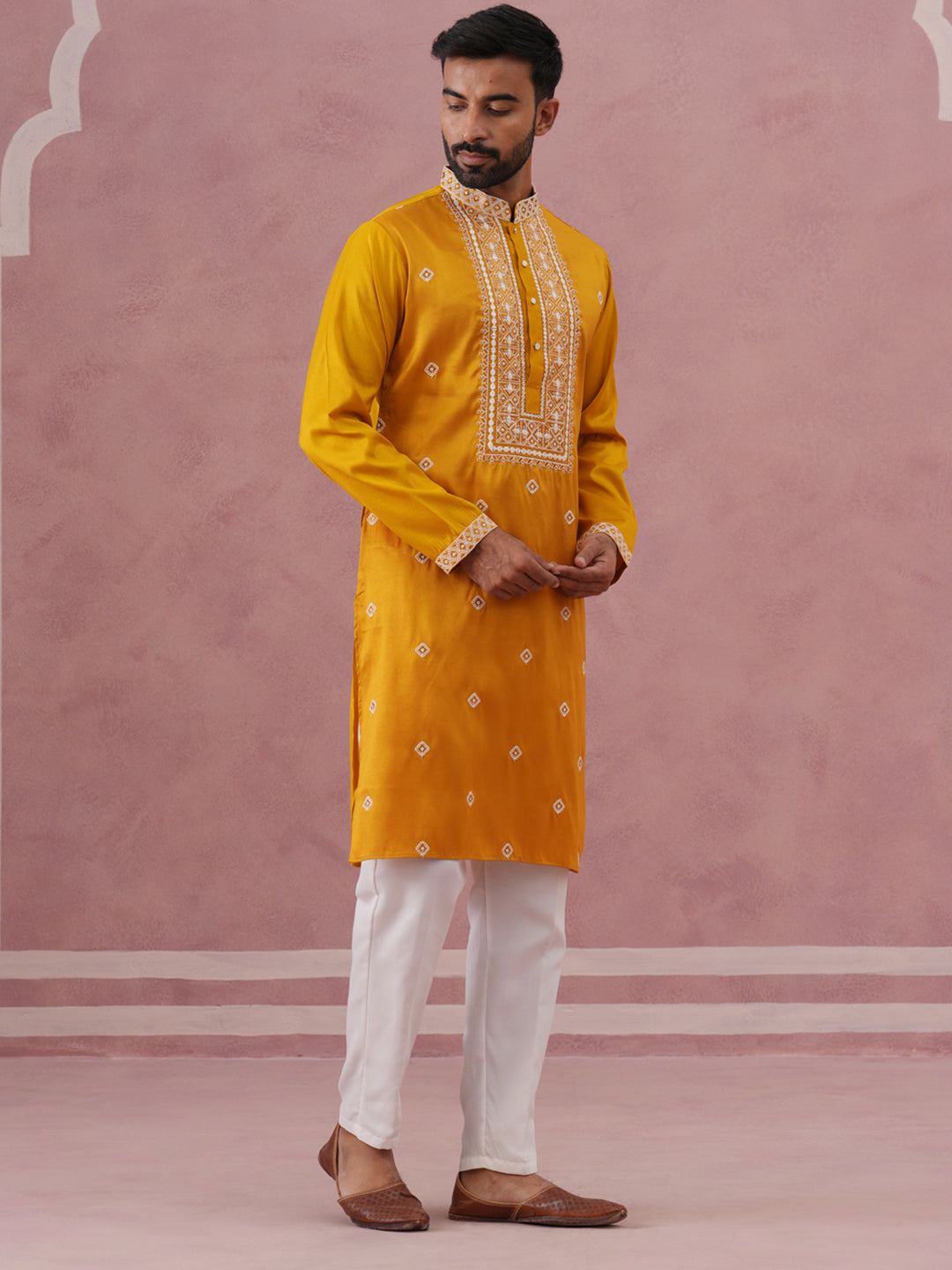 DesiQlo Men Embroidered Kurta Pyjama Set - Yellow - 65KP_P_5341Mustard