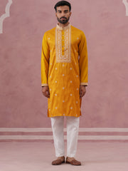 Men’s Ethnic Silk Blend Embroidered Kurta Set ( 65KP P 5341 P 5341Mustard ) [FF] [A-1-4]