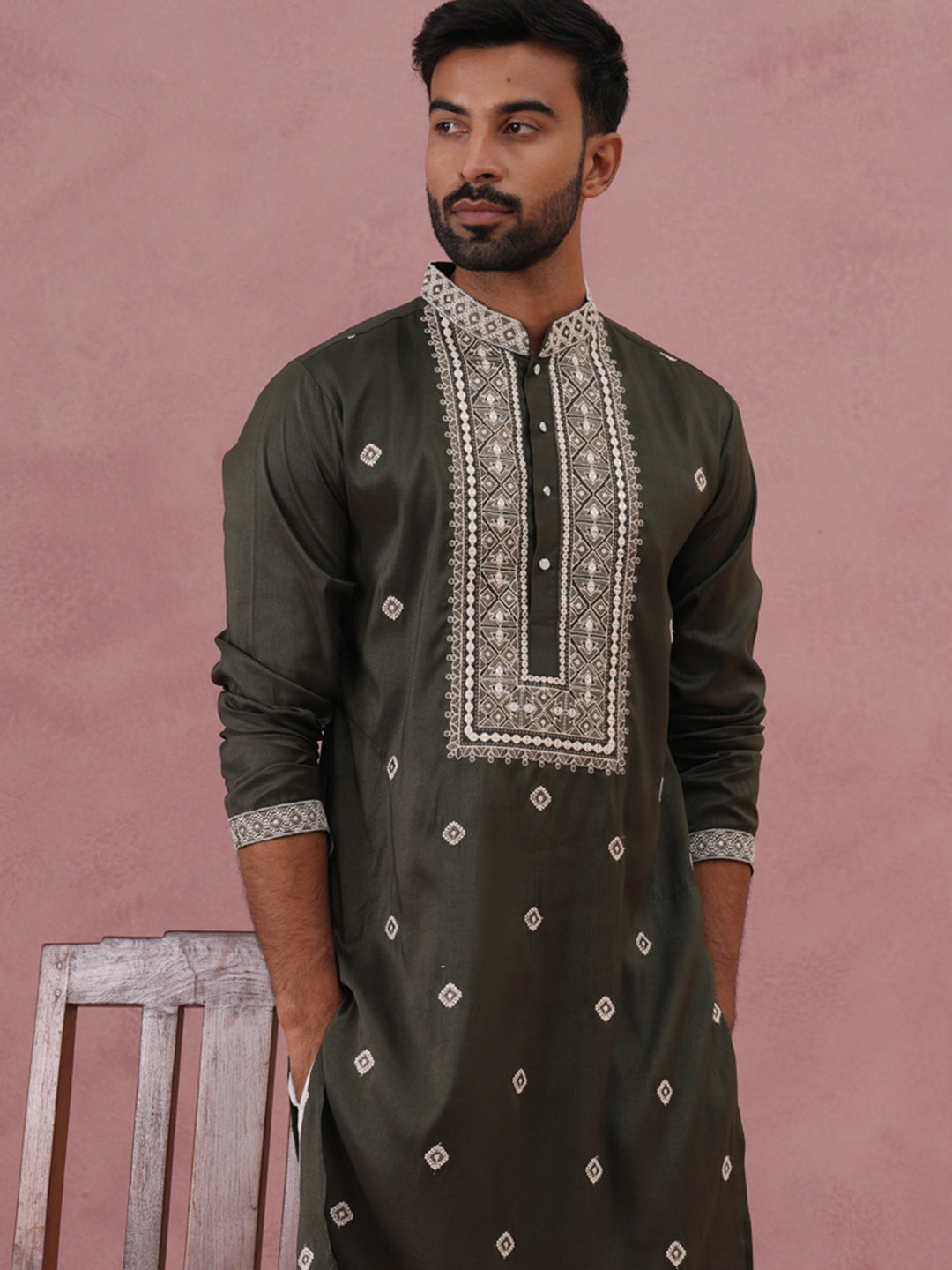 DesiQlo Men Embroidered Kurta Pyjama Set - Green - 65KP_P_5341Olive_S