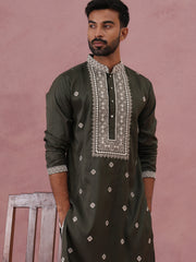 Men’s Ethnic Silk Blend Embroidered Kurta Set ( 65KP P 5341 P 5341Olive ) [FF] [A-1-4]