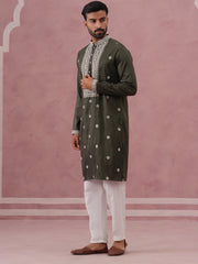 Men’s Ethnic Silk Blend Embroidered Kurta Set ( 65KP P 5341 P 5341Olive ) [FF] [A-1-4]