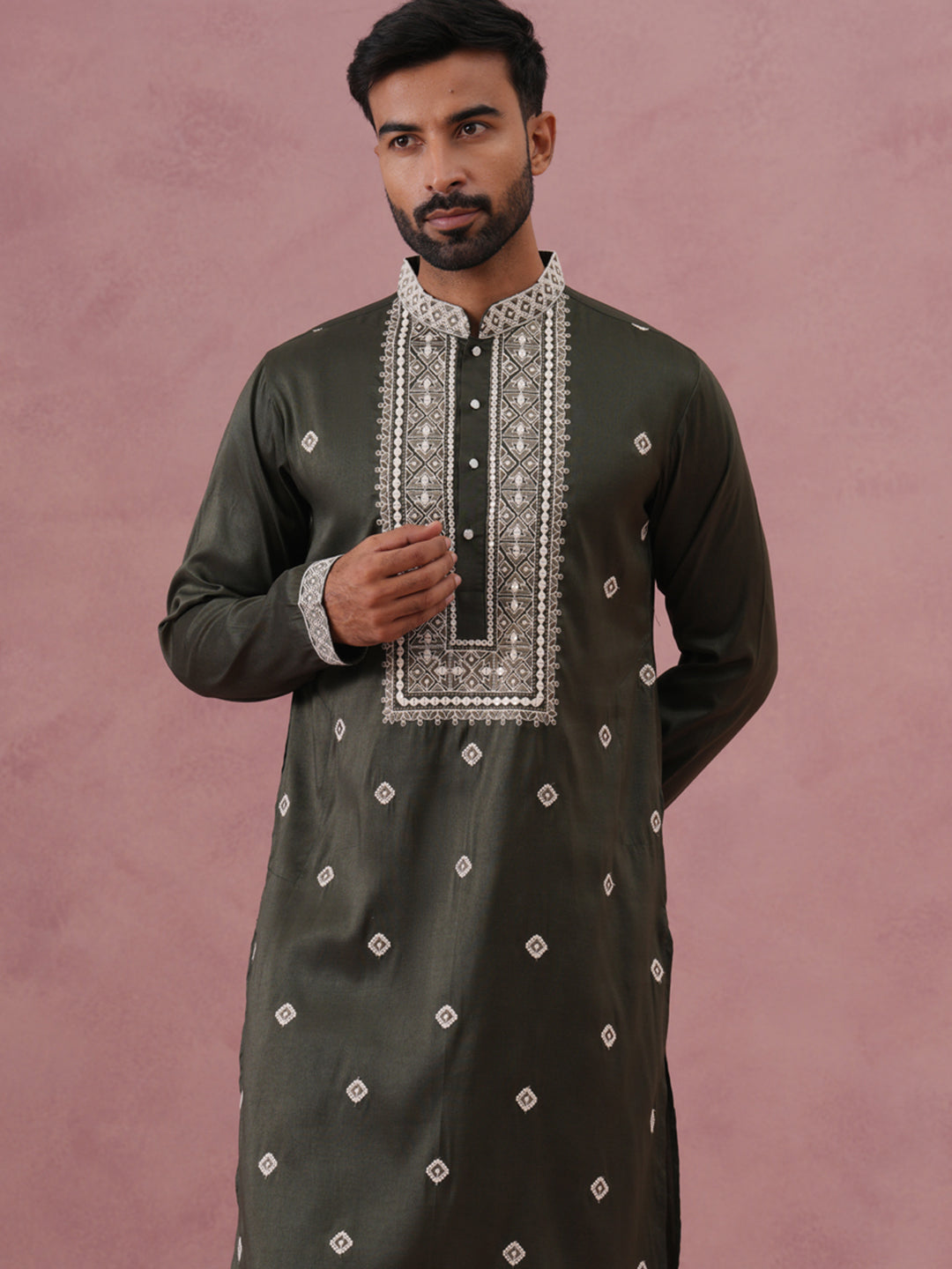 Men’s Ethnic Silk Blend Embroidered Kurta Set ( 65KP P 5341 P 5341Olive ) [FF] [A-1-4]