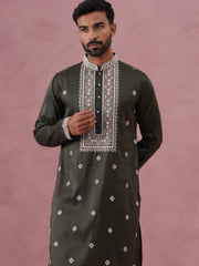 Men’s Ethnic Silk Blend Embroidered Kurta Set ( 65KP P 5341 P 5341Olive ) [FF] [A-1-4]
