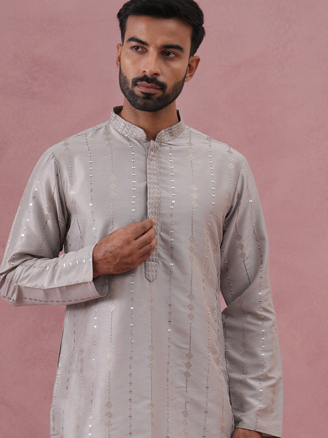 Traditional Silk-Blend Silver Kurta Pyjama for Men (65KP P 5343 Silver ) [FF] [B-1-2]