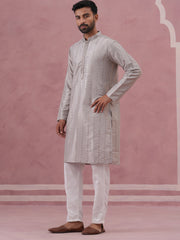 Traditional Silk-Blend Silver Kurta Pyjama for Men (65KP P 5343 Silver ) [FF] [B-1-2]