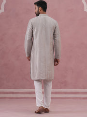 Traditional Silk-Blend Silver Kurta Pyjama for Men (65KP P 5343 Silver ) [FF] [B-1-2]
