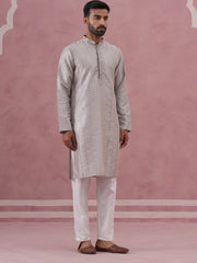 Traditional Silk-Blend Silver Kurta Pyjama for Men (65KP P 5343 Silver ) [FF] [B-1-2]