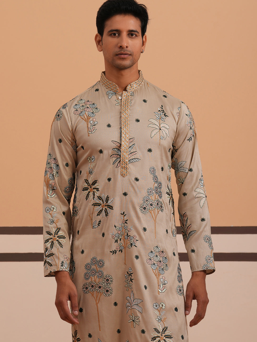 DesiQlo Men Embroidered Kurta Pyjama Set - Beige - 65KP_P_5344Beige_S