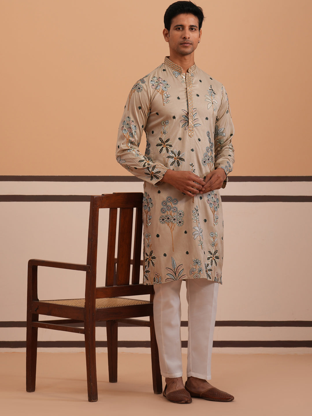 DesiQlo Men Embroidered Kurta Pyjama Set - Beige - 65KP_P_5344Beige_S